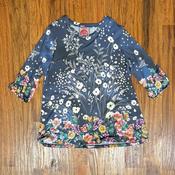 Johnny Was The Janie Favorite Puff Sleeve Top, floral boho navy blouse, large - Picture 5 of 9